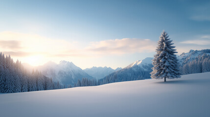 Obraz premium serene winter landscape featuring solitary tree amidst snow covered mountains and soft sunrise. tranquil scene evokes sense of peace and beauty in nature.