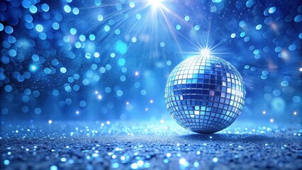 Fototapeta premium A sparkling disco ball rests on a shimmering surface, bathed in a blue spotlight, surrounded by a flurry of bokeh effects.