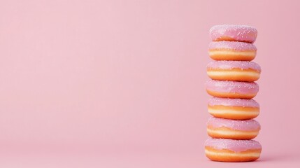 pale pink donuts stacked in elegant fashion on pastel background, with copy space for text