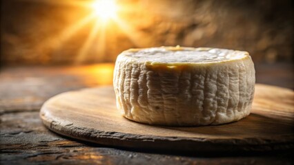 A round of creamy white cheese, aged to perfection, rests upon a rustic wooden cutting board, bathed in the soft glow of a sunbeam.