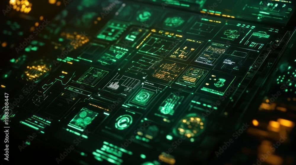 Aufkleber a computer monitor with a green screen displaying a variety of icons and symbols