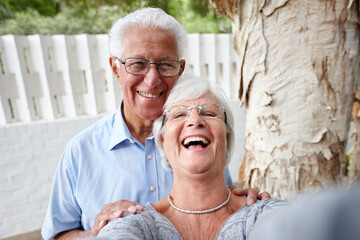 Laughing, love and selfie with senior couple outdoor in garden of home together for memories or...