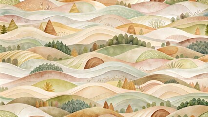 A whimsical landscape of rolling hills, lush forests, and delicate wildflowers, painted in a soft and earthy palette.