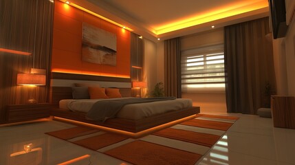Fototapeta premium Modern bedroom interior featuring a platform bed, accent wall, and recessed lighting 