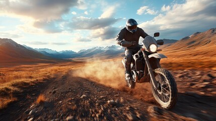 Obraz premium Adventurous Rider Navigating Rocky Terrain on High-Performance Motorcycle Against Scenic Mountain Background