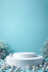 white podium with silver Christmas ornaments on light blue background, Super Saturday product display template. poster or flyer mockup for seasonal advertising and marketing campaigns with copy space