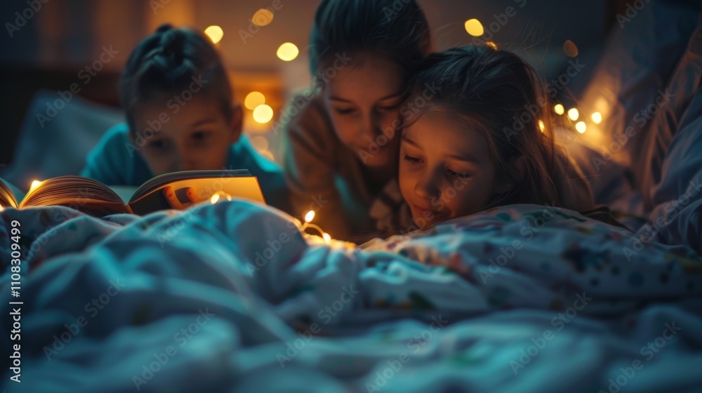 Poster soft focus on a group of animated readers their faces illuminated by the dim light of a bedside lamp