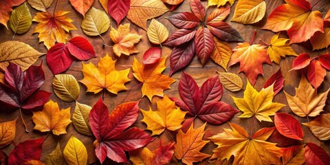 Fototapeta premium A vibrant collection of autumn leaves in shades of yellow, orange, red, and brown, showcasing the beauty of nature's transition