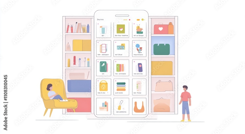 Poster a man and a child are standing in front of a shelf full of items