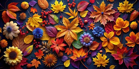 Fototapeta premium A vibrant tapestry of autumn leaves, showcasing nature's artistry with a palette of reds, oranges, yellows, and purples, creating a harmonious composition.