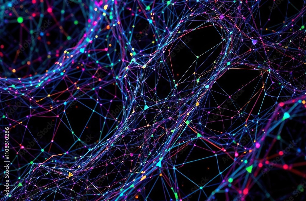 Poster cyber mesh texture with vibrant neon colors. abstract wavy shape of surface with connected lines sym