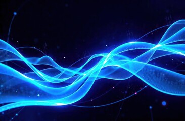 Obraz premium futuristic minimal backdrop for design, poster, business presentation. abstract wave pattern of blue shining glitter on dark background. poster with mesmerizing wavy visuals