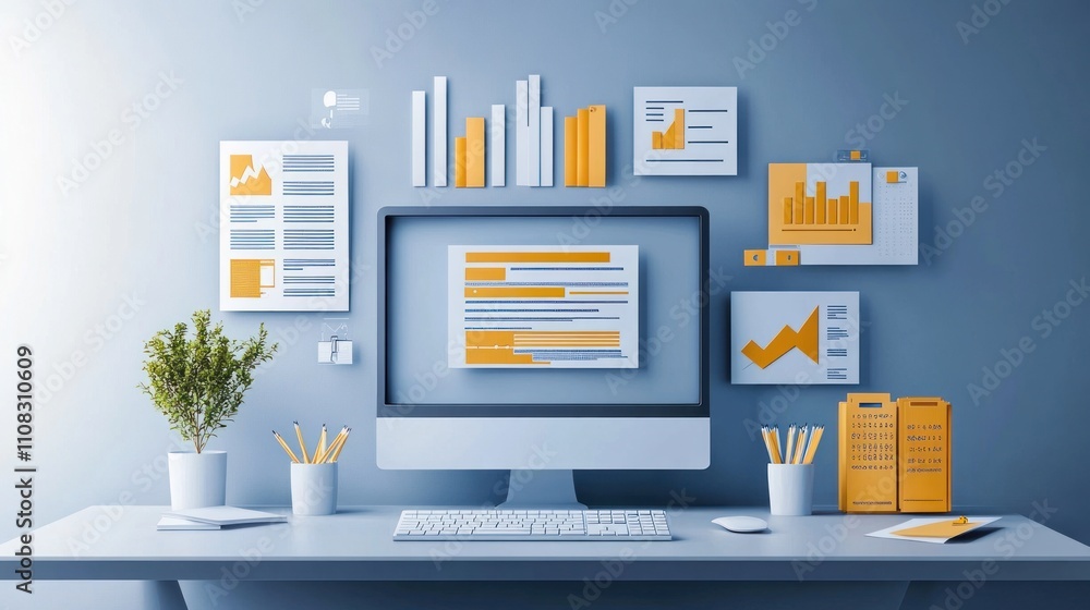 Poster a computer monitor is on a desk with a plant and a stack of books