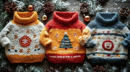 Naklejka premium Festive Christmas Sweaters Arranged With Winter Decorations