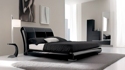 Fototapeta premium Sleek, sophisticated black bedroom furniture with modern Italian flair exudes luxury and contemporary style, perfecting 