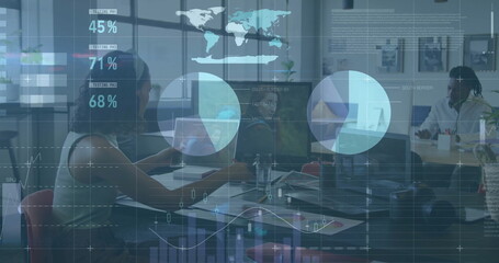 Image of financial data processing over diverse business people in office