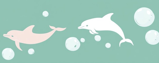 Two dolphins swimming in the ocean with bubbles around them