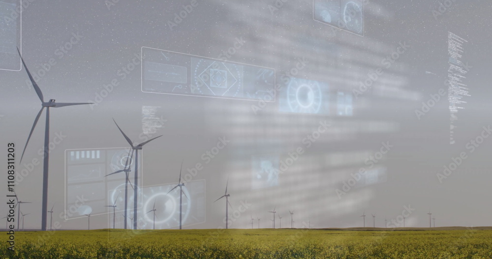 Poster wind turbines in field with futuristic data processing image over landscape