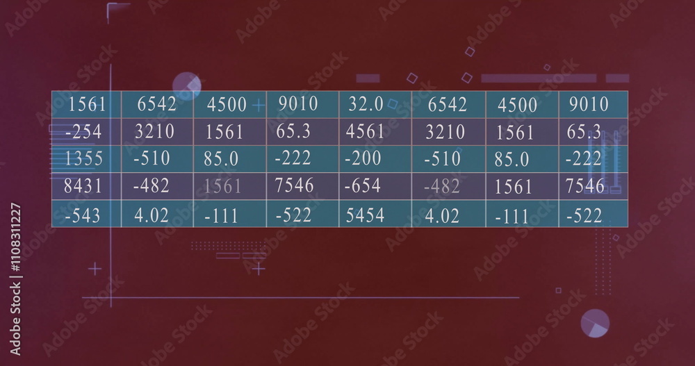 Poster data table with numerical values over red background with geometric shapes image