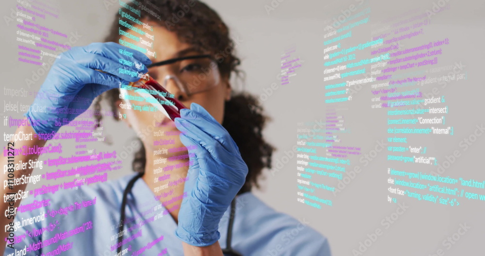 Aufkleber holding test tube, scientist analyzing data with code image overlaid