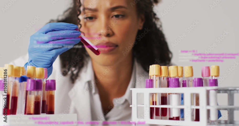 Poster holding test tube, scientist analyzing blood sample over programming code image