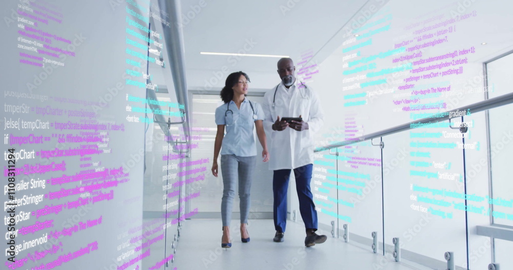 Poster walking through corridor, healthcare professionals discussing patient data over programming code
