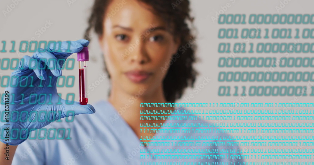 Poster holding blood sample, healthcare worker with binary code image over