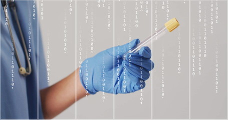 Gloved hand holding test tube over binary code image