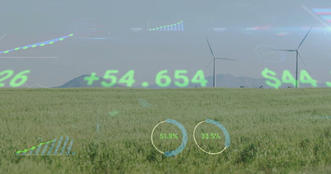 Wind turbines in field with financial data processing image over landscape