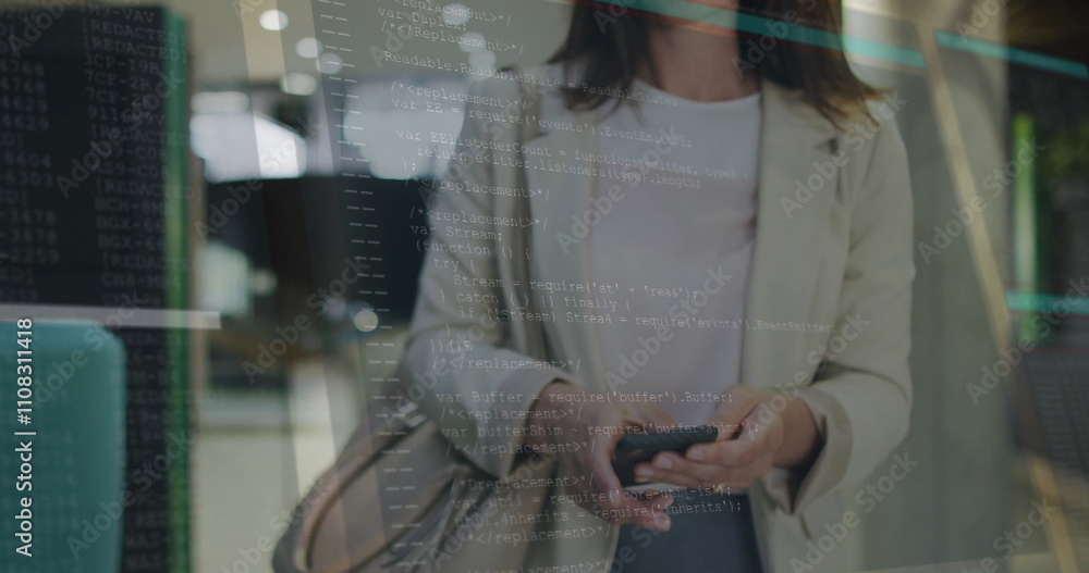 Poster programming code image over woman using smartphone in modern office