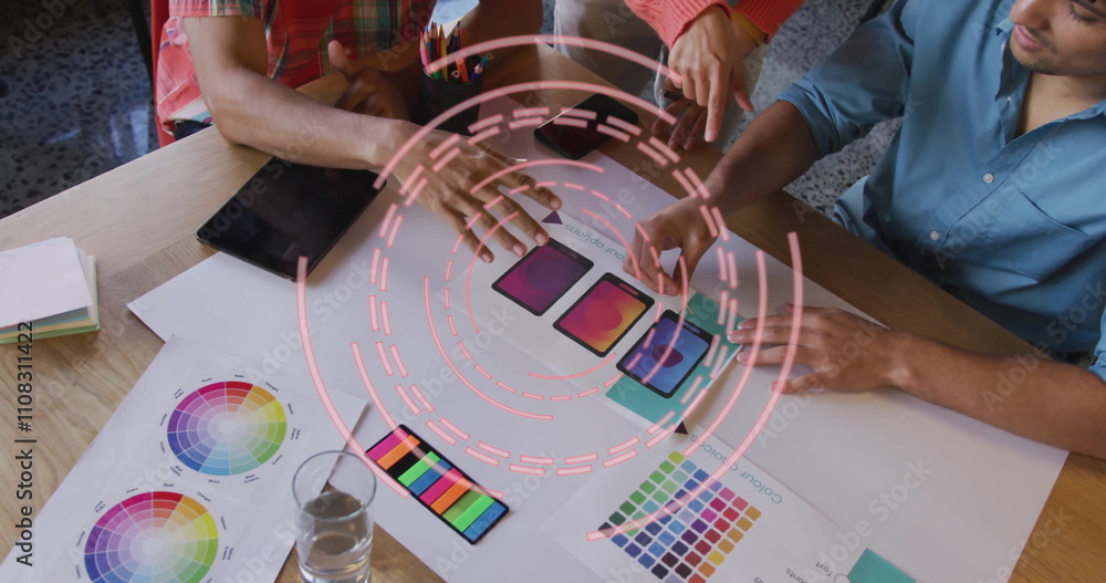 Poster designing color palettes over image of circular digital interface