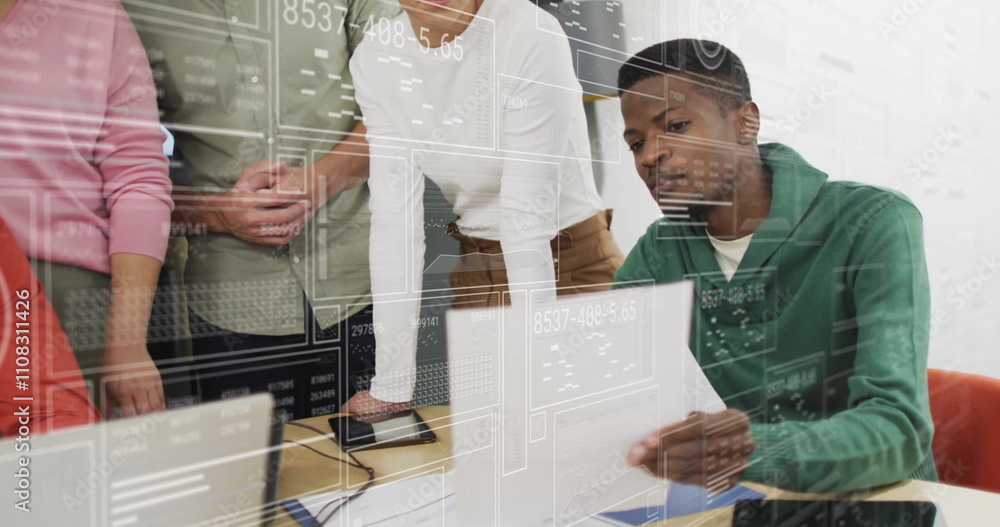 Poster analyzing data and discussing, diverse team in office with digital interface image
