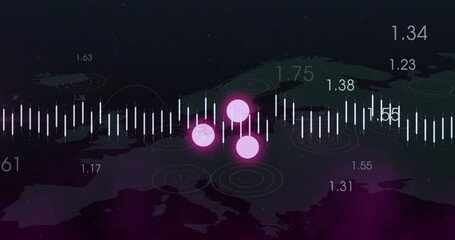 Obraz premium Data points and numerical values image over map of Europe