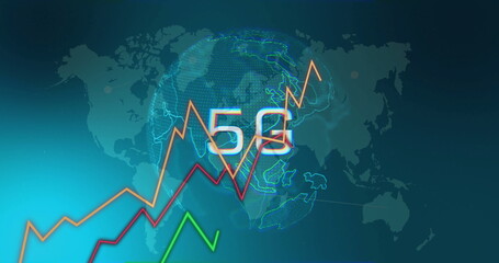 5G text and rising graph image over world map