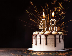 Birthday cake with 48 years birthday candle with sparks on dark background with copy space	