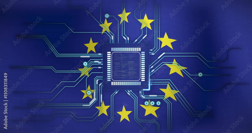 Poster image of, microchip and circuitry over european union flag with stars
