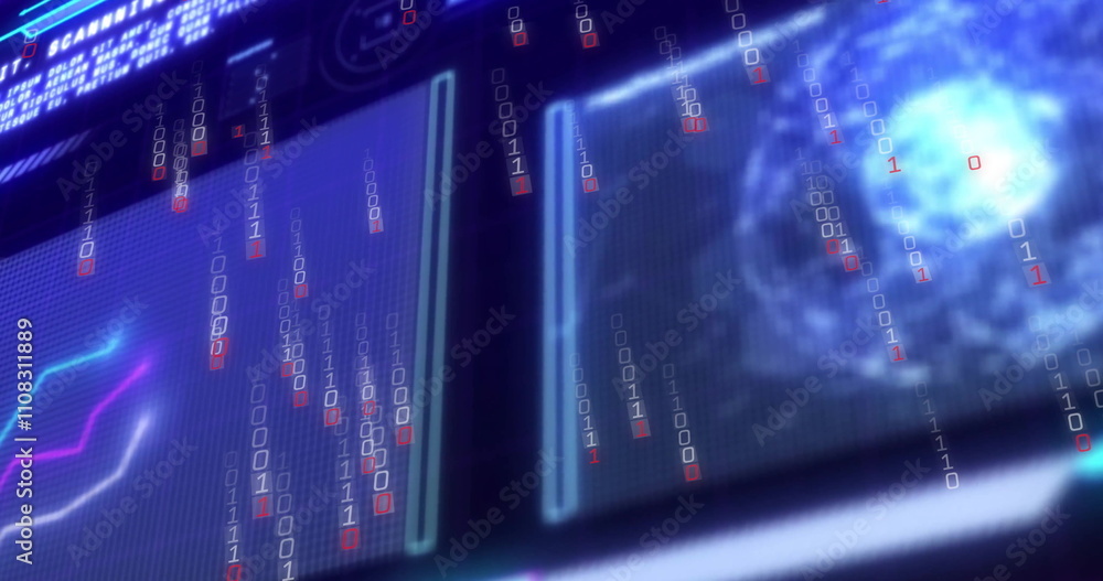Poster binary code and data charts image over digital screens