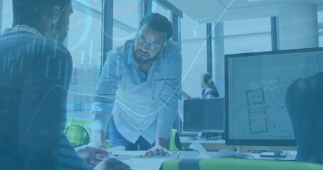 Image of financial data processing over diverse business people in office