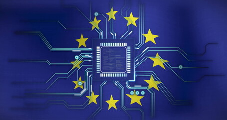Fototapeta premium Image of, Microchip and circuitry over European Union flag with stars