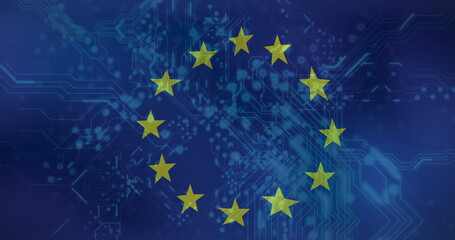 Image of, European Union flag over digital circuit board, representing technology and connectivity