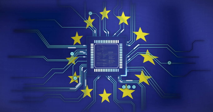 Naklejki Image of, Microchip and circuitry over European Union flag with stars