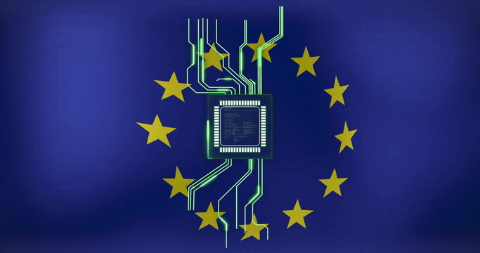 Image of, Microchip and circuit lines over European Union flag with yellow stars