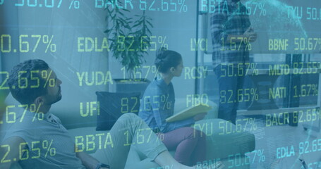 Image of financial data processing over diverse business people in office