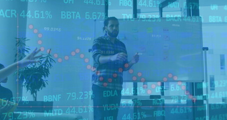 Image of financial data processing over biracial businessman in office