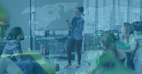 Image of world map and data processing over diverse business people in office