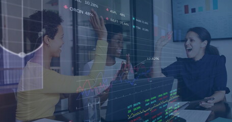 Image of financial data processing over diverse business people in office