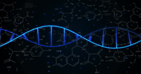Image of chemical formula and dna strand on black background