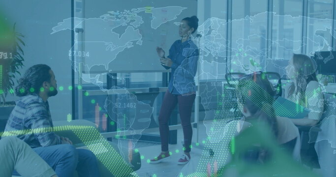 Image of world map and data processing over diverse business people in office