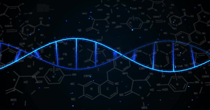 Image of chemical formula and dna strand on black background