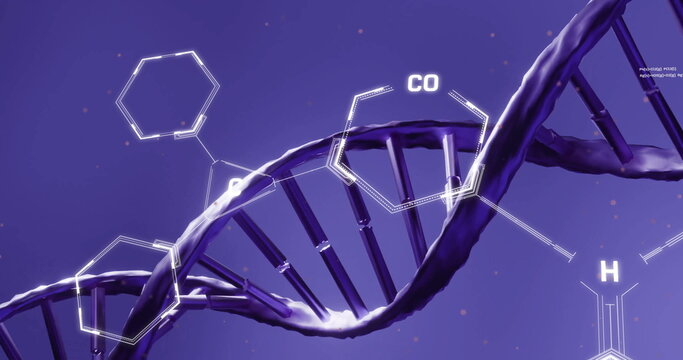 Image of chemical formula and dna strand on blue background